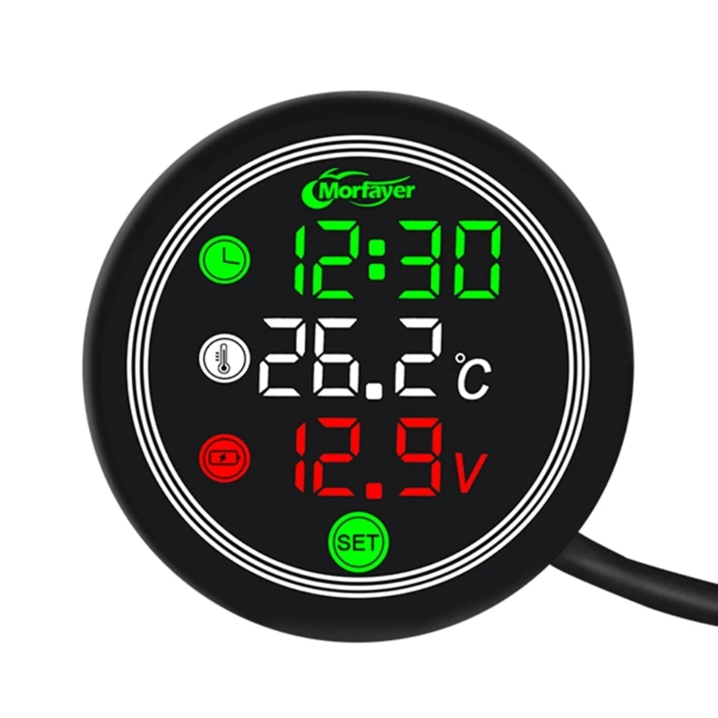 DC 9V-30V 3 In 1 Digital Time Clock + Thermometer +Voltage Voltmeter LED Display Motorcycle IP67 Waterproof Tester for Car Boat