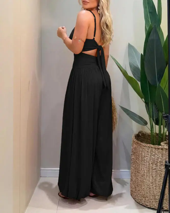 

2026 New Women's Cut-Out Waist Cami Jumpsuit Backless Tie-Back Lantern Romper Ruched High Waist Summer Jumpsuit