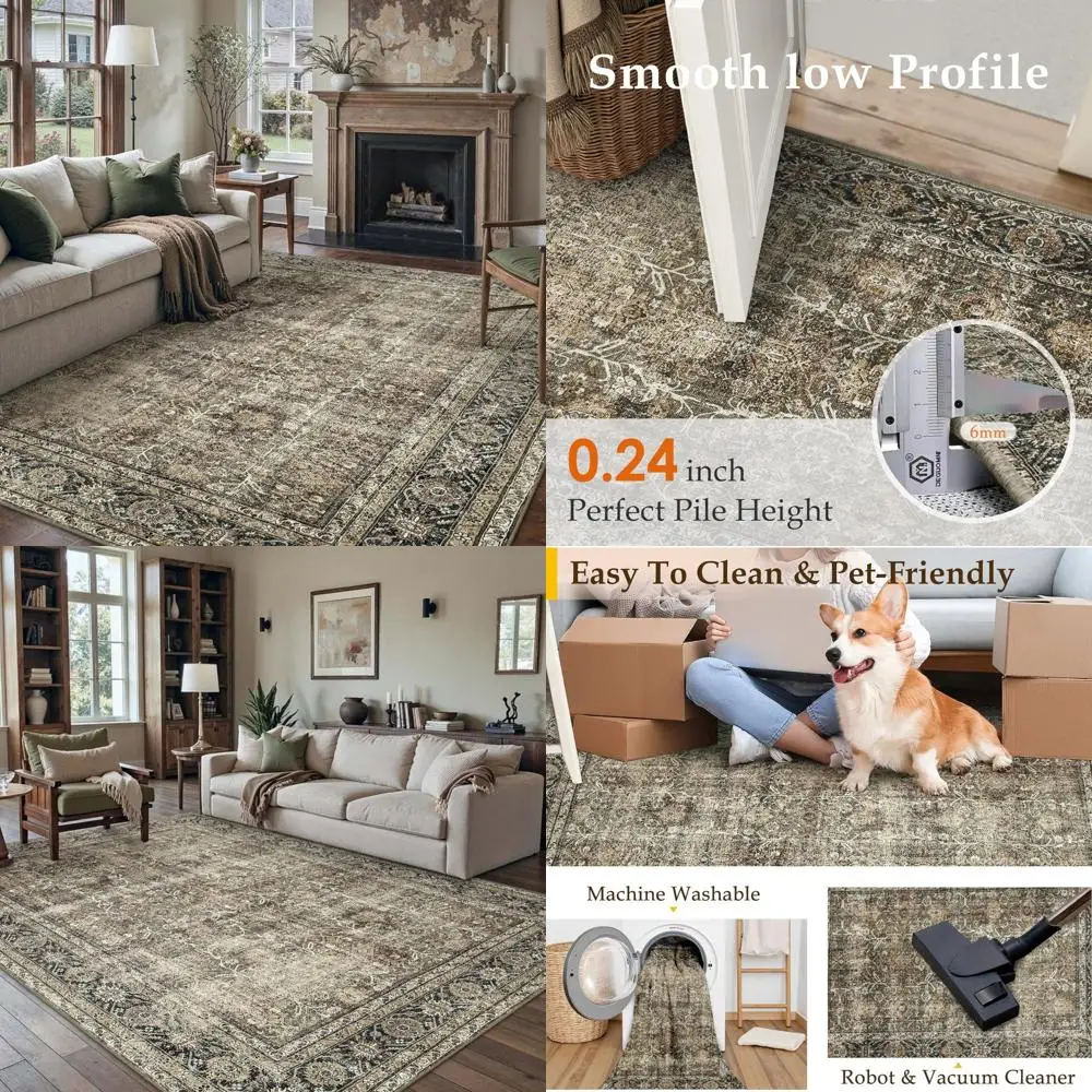 

8x10 Vintage Brown Area Rug - Washable, Large Carpet for Living Room, Non-Slip, Suitable for Bedroom and Office, Low Pile, Tradi