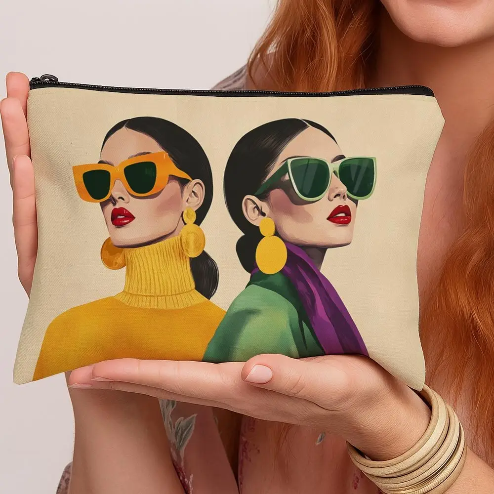 Modern Fashion Portrait Illustration Toiletries Bags Cute Pattern - Stylish Women Sunglasses Pop Art Makeup Bags Large Capacity