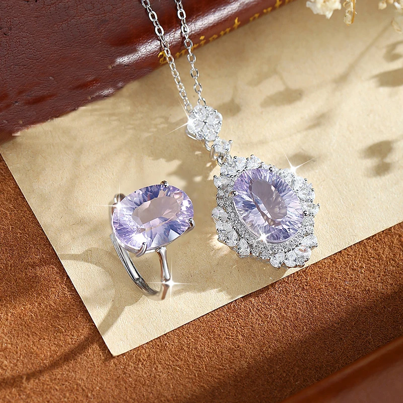 

Natural Lavender Amethyst Luxury Earrings S925 Silver Necklace Women's High-Class Precious Jewelry Gift Sets for Women Fine