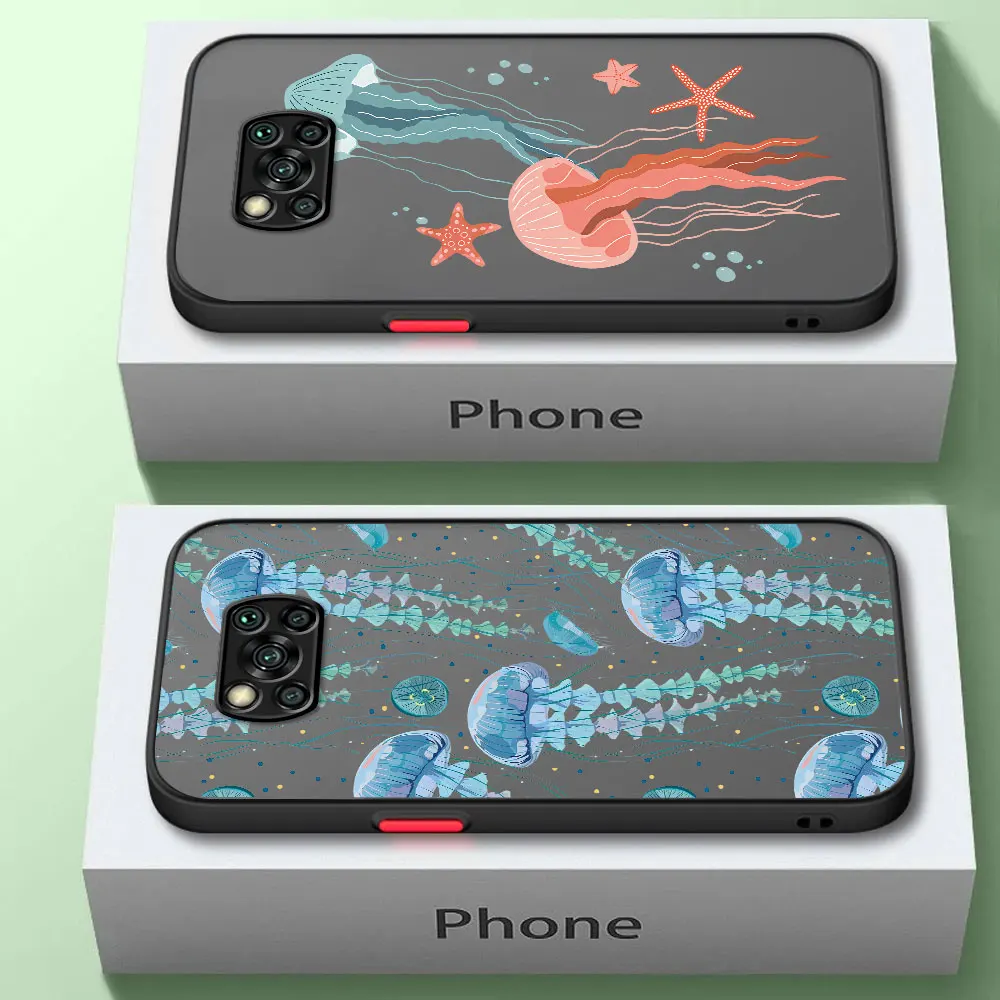 phone cases for Xiaomi Mi Poco X4 Pro5G M5 Mi 11 C40 11T 9TPro X3 NFC 13 12 Luxury Matte Back Cover Deep Sea Cartoon Jellyfish