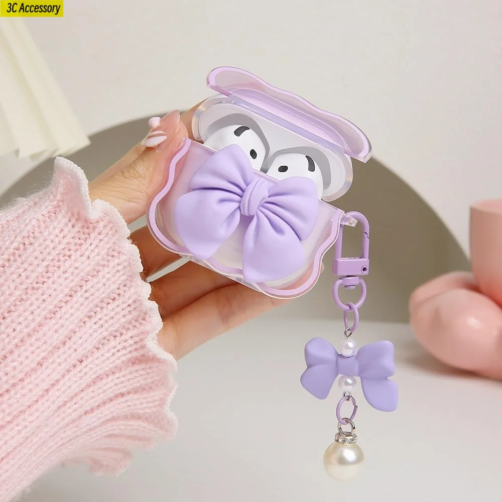 for airpod 4 case Cute 3D Bow Tie Design Shockproof Soft Clear TPU Kawaii Protector Cover for Women Airpods 4 Case with Keychain