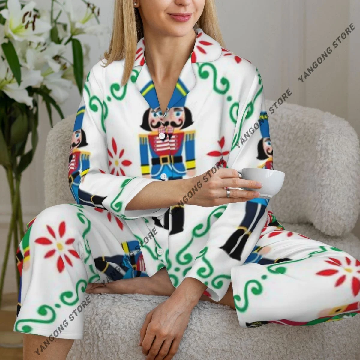 

Christmas Nutcrackers Xmas Soldier Figurine Pajamas Loungewear Two-piece Sleepwear Button-Down Full Sleeve Long Pajamas Set