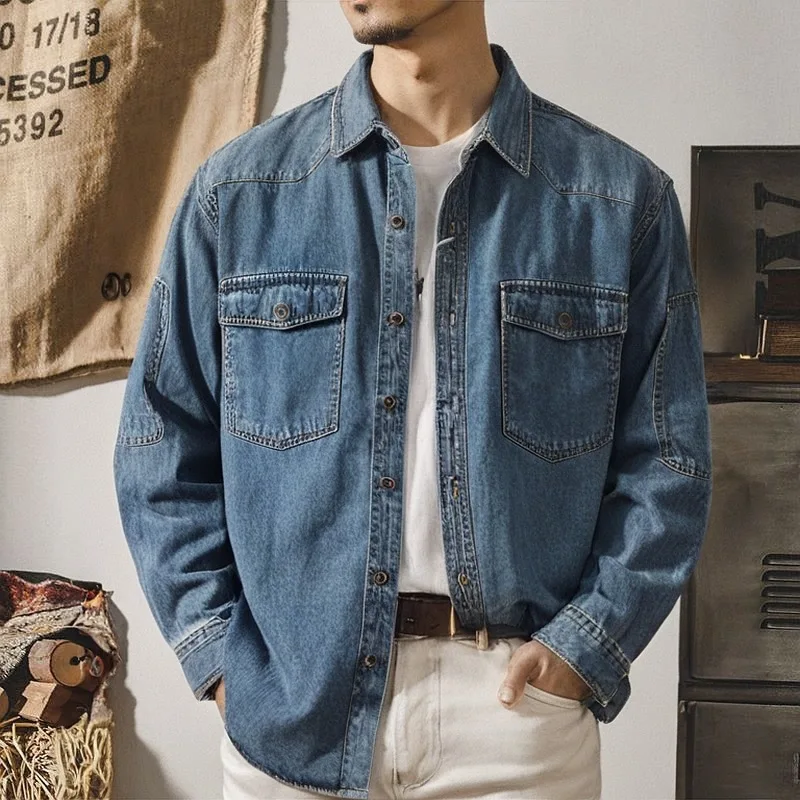 

American Casual Denim Shirt for Men Spring Autumn Fashion Loose Long Sleeved Shirt Jacket for Men Japan Korean Streetwear