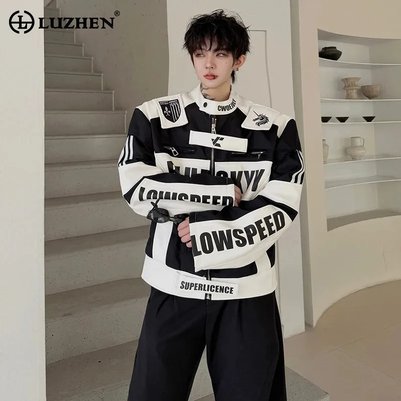 LUZHEN 2026 Autumn Personalized Letter Printed Patchwork Design Leather Jacket Men's Stand Neck Handsome Motorcycles Coat JY8975