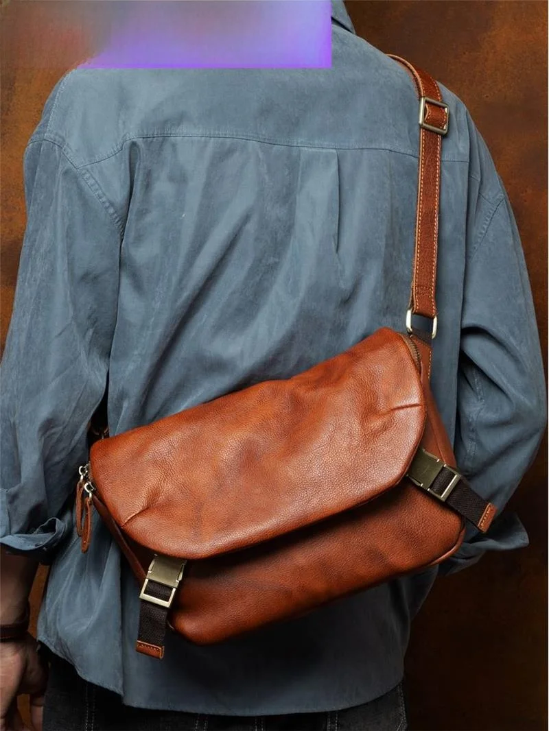 

Men's Faionable Crossbody Bag Vintage Leather Casual Tanned Cowhide Menger Bag Street Sle Zipper Closure Soft oulder