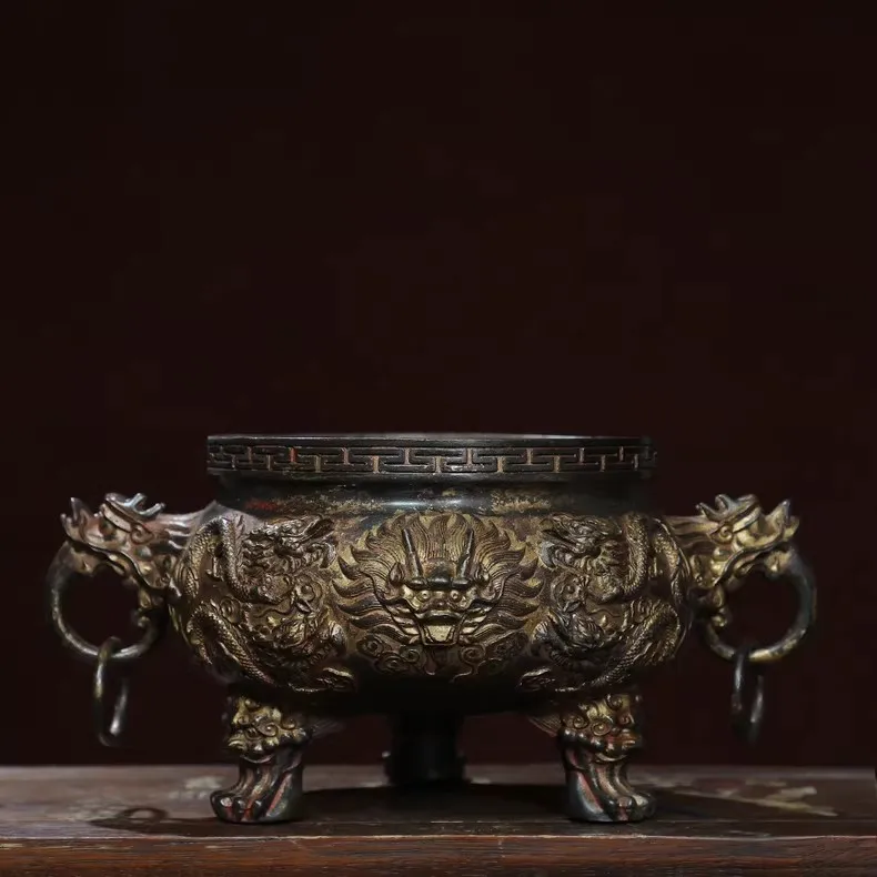 

Retro Brass Incense Burner Small Brazier Dragon Relief China Folk Custom Crafts Collection Home Living Room Desktop Decoratio