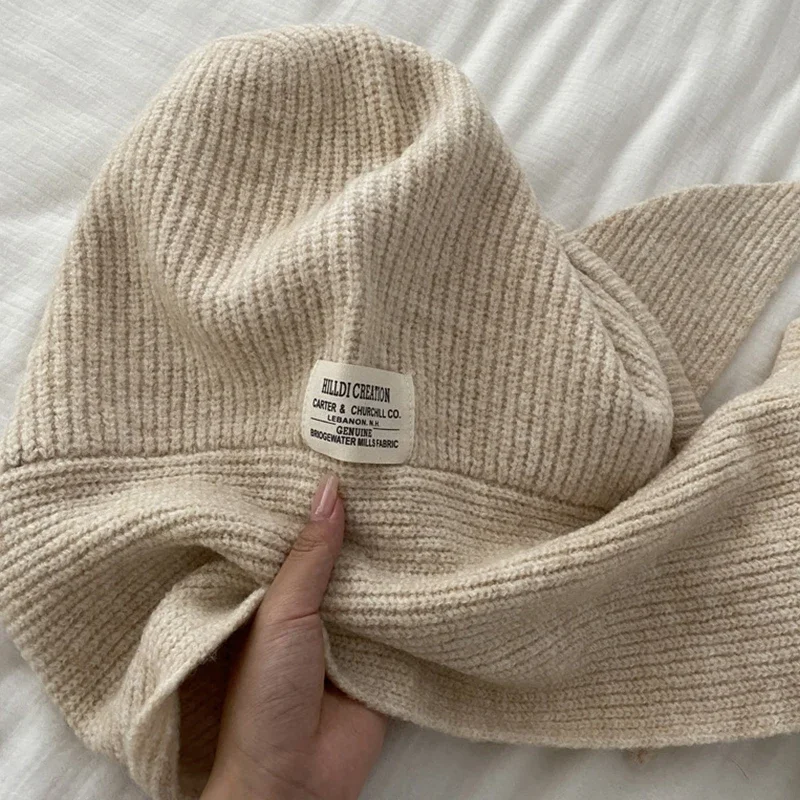 Winterwarme Woll-Strickmütze mit Falschem Schalkragen, Kapuzenpullover und Einteiligem Nackenwärmer für den Außeneinsatz bei Kälte – Detail 17
