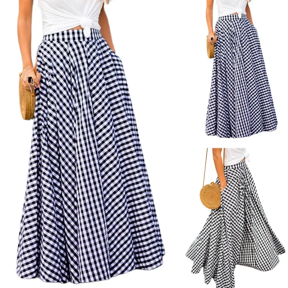 2020 Women\'s Skirts Vintage Plaid Check Long Skirt Zipper Pleated Bohemian Femme Casual Pockets Maxi Skirts