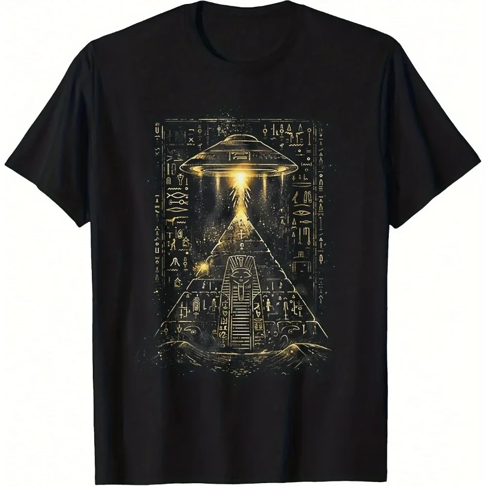 Herren-T-Shirt mit Alien-Pyramiden-Grafik, 100 % Baumwolle, schwarz, kurzärmelig, Rundhalsausschnitt, mit goldenem Hieroglyphen-Druck, atmungsaktiv