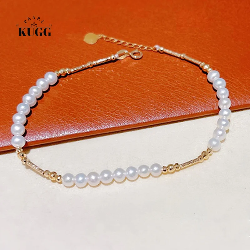 

KUGG PEARL 18k Yellow Gold Pearl Bracelet Fashion Design 3.5-4mm Natural Freshwater Pearl Bracelet for Women Christmas Gift