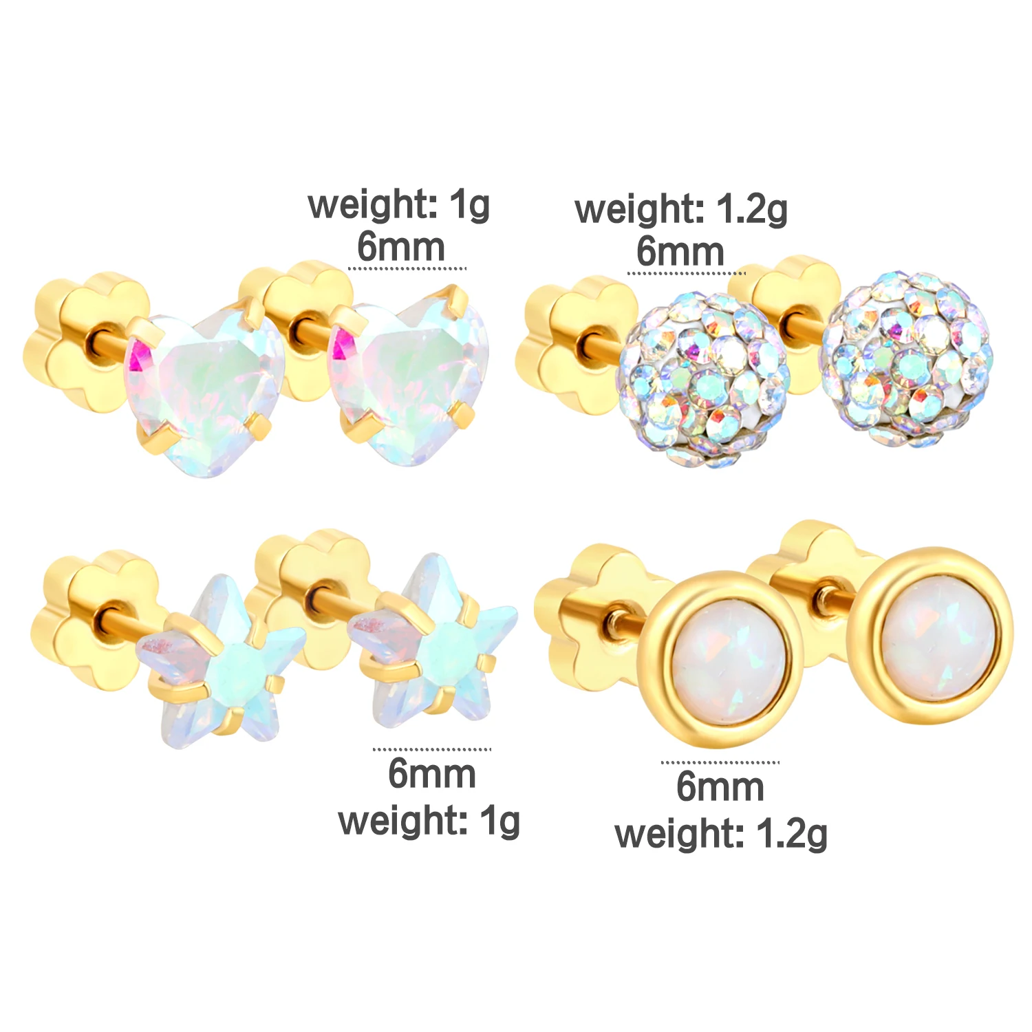 4 Pairs Wholesale 316 Stainless Steel Heart Star Ball Opal Stud Earrings Bulk Piercing Jewelry For Store Resale