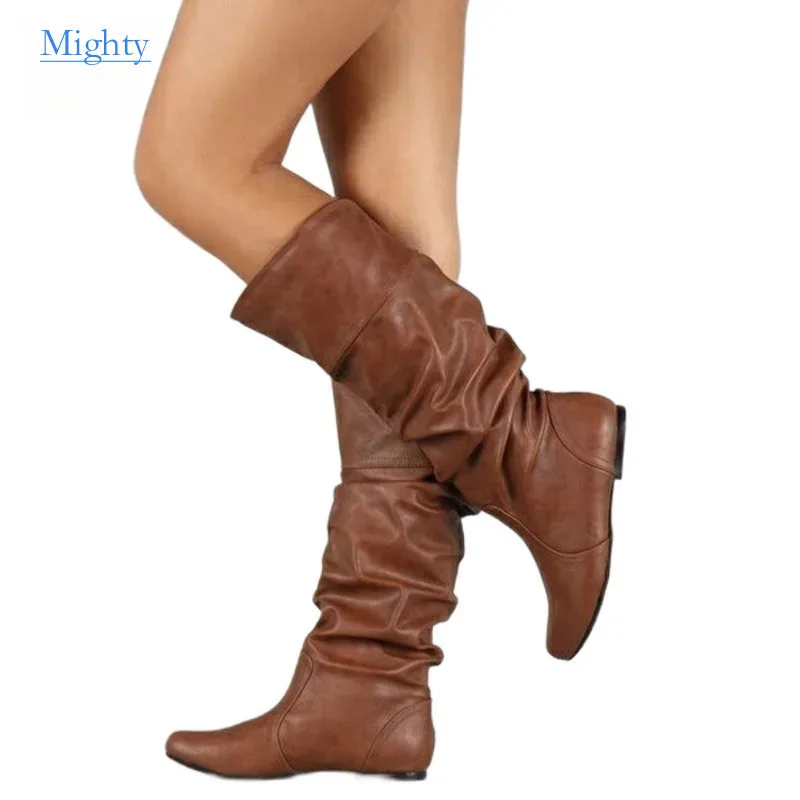 

2024 Mid-Calf Boots Women Flat Shoes Spring Autumn Women High Boots Long Western Cowboy Boots Women Footwear Large size 35-43