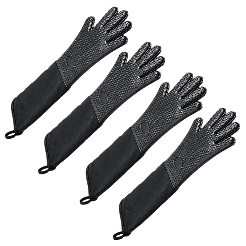 

2X Extra Long Professional Silicone Oven Mitt, Heat Resistant Cooking Glove With Internal Cotton For Kitchen - Black