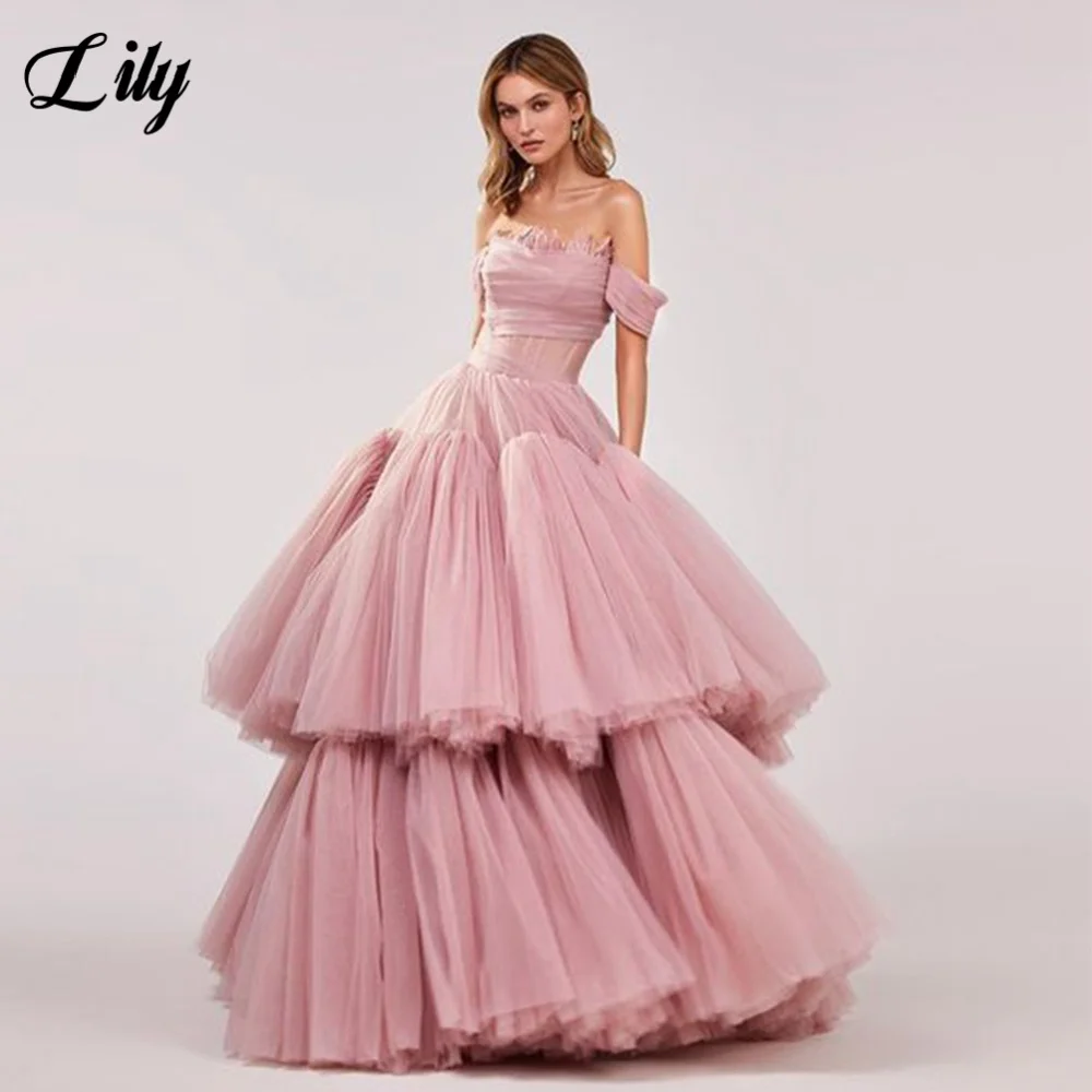 

Lily Pink Elegant Prom Dresses Off the Shoulder Strapless Prom Gown Net Layered Formal Gown with Fishbone robe soirée Customized