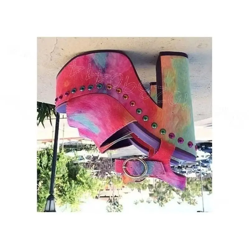 

Colorful Oil Painting Rivets Platform Sandals Buckle Strap Women Shoes Chunky High Heels Party Banquet 2026 Zapatos Para Mujere