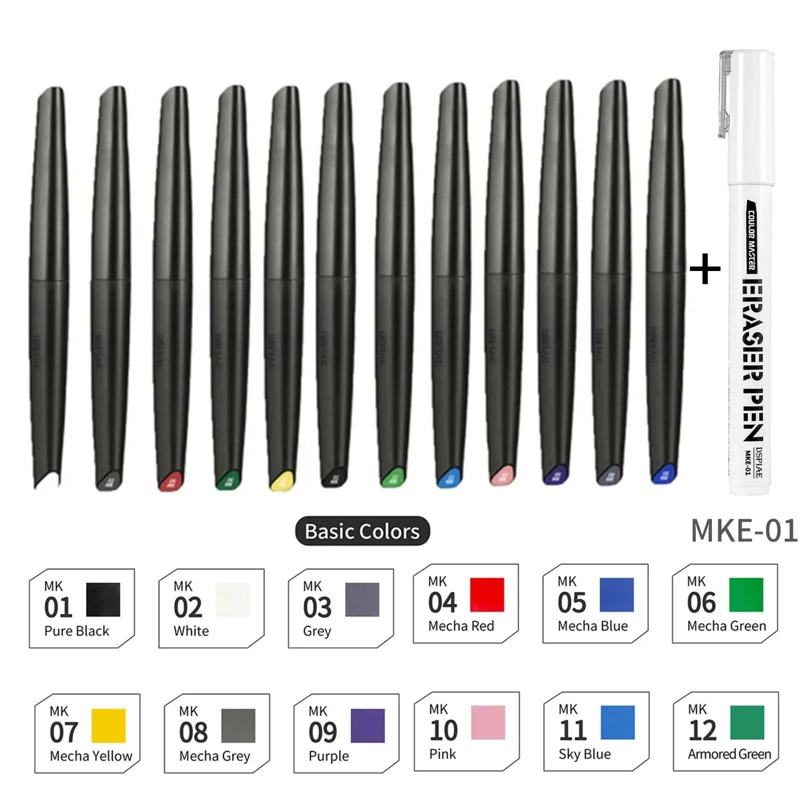 DSPIAE Soft Tip Acrylic Markers Kit Basic Fluorescent Metallic Colors with Eraser for Gundam Scale Model Painting Hobby DIY Tool