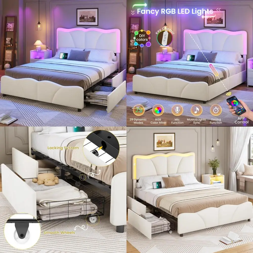 "إطار سرير مخملي بالحجم الكامل مع 4 أدراج تخزين، سرير بمنصة قابلة للتعديل مع إضاءة LED" #1