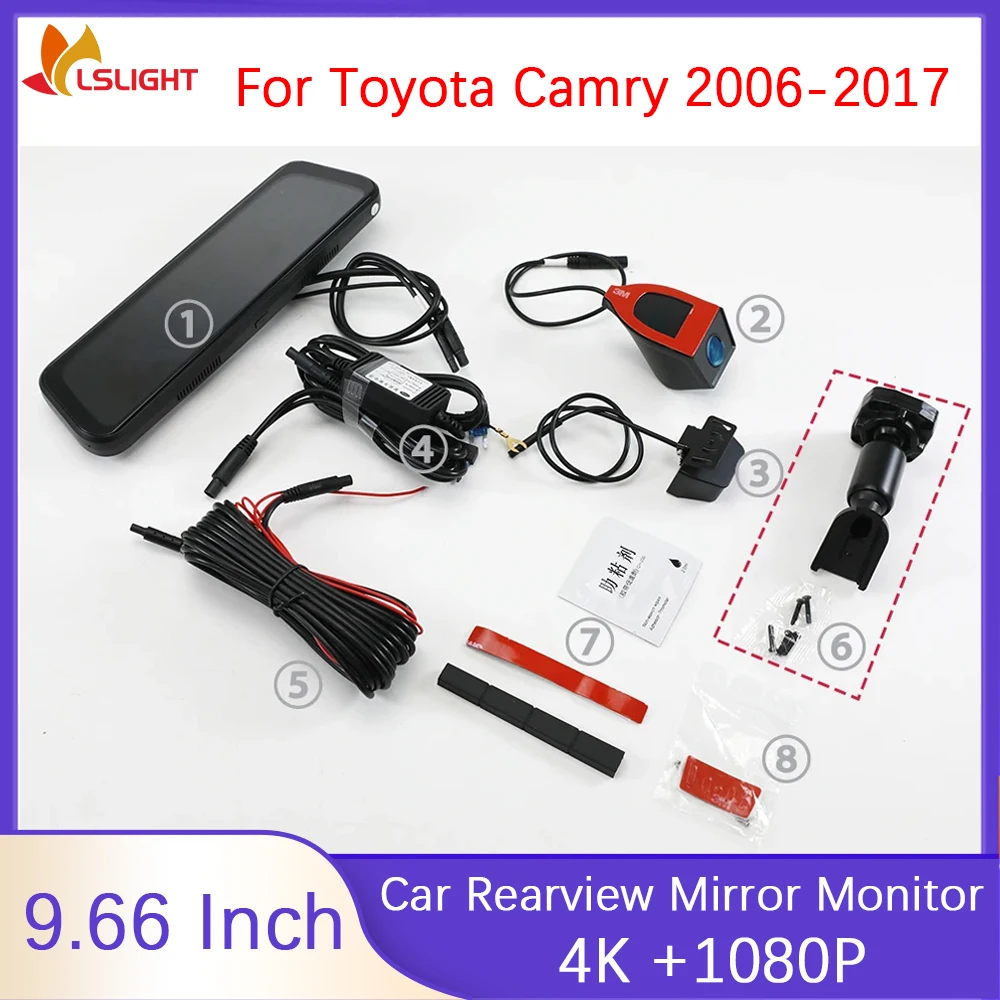 

Автомобильный зеркальный монитор заднего вида для Toyota Camry 2006-2017 9,66-дюймовый видеорегистратор 4K + 1080P IPS сенсорный полноэкранный с 2 HD-камерами
