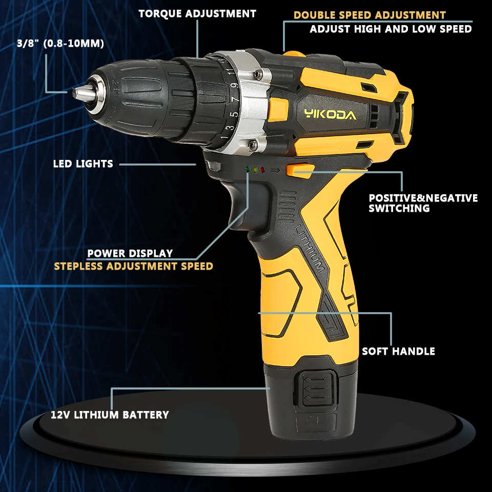 YIKODA 12V Electric Screwdriver Cordless Drill Two Speed Rechargeable Lithium Battery Mini Driver Household Power Tools