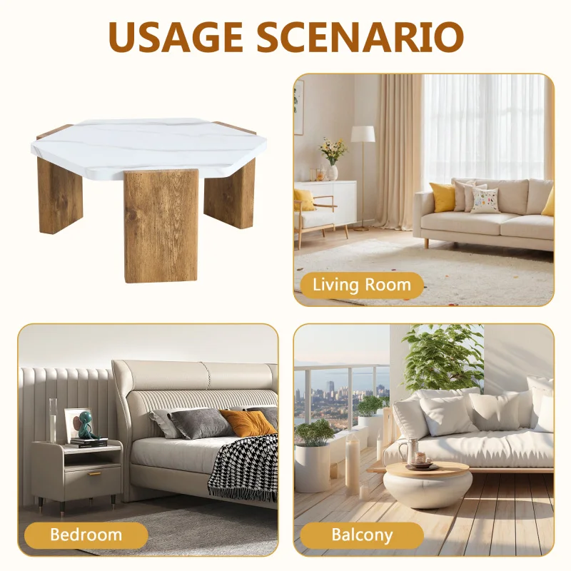 โต๊ะกาแฟหกเหลี่ยมสไตล์โมเดิร์นขนาด 31 นิ้ว พร้อมพื้นผิวหินอ่อนสีขาว