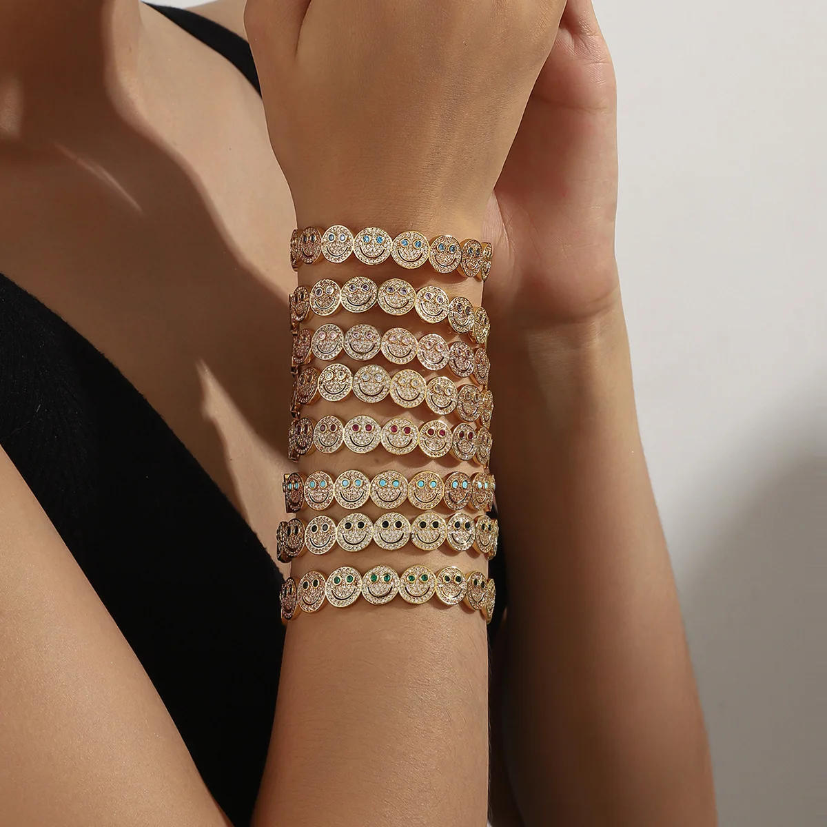 

European and American Fashion Retro Copper Zircon Smiley Face Bracelet Ring Set Fashionable Versatile Jewelry