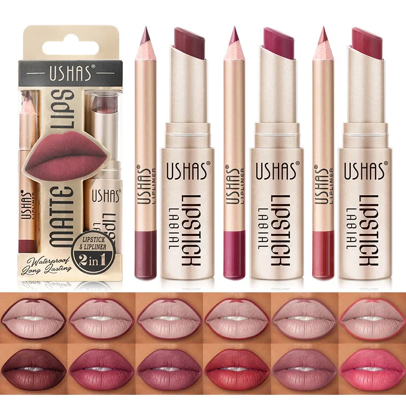 USHAS 12 Color Lip Liner + LIPSTICK Set Easy Coloring Matte Lipstick ลิปสติกสีแดงนู้ดติดทนนาน