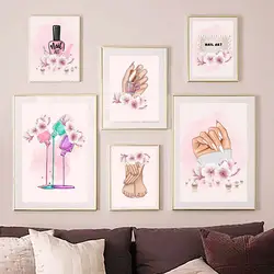 Pink Flower Nail Polish Salon Girls Fashion Poster Nordic Wall Art Print Canvas Painting Abstract Pictures For Living Room Decor