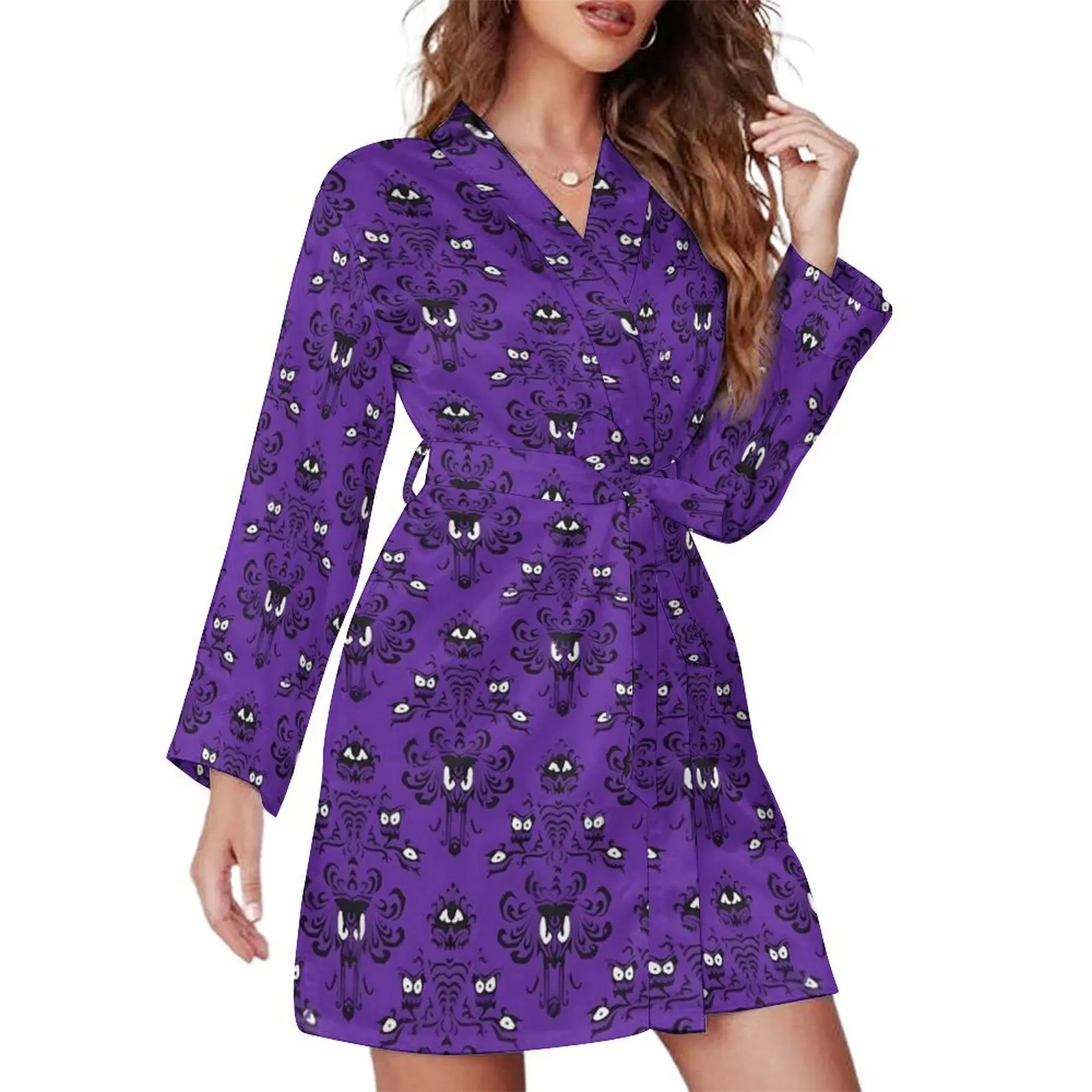 Haunted Mansion Pajama Robe Female Vintage Print Bedroom Nightgown Long Sleeve V Neck Custom Pajamas Robes Daily Lovely Dresses