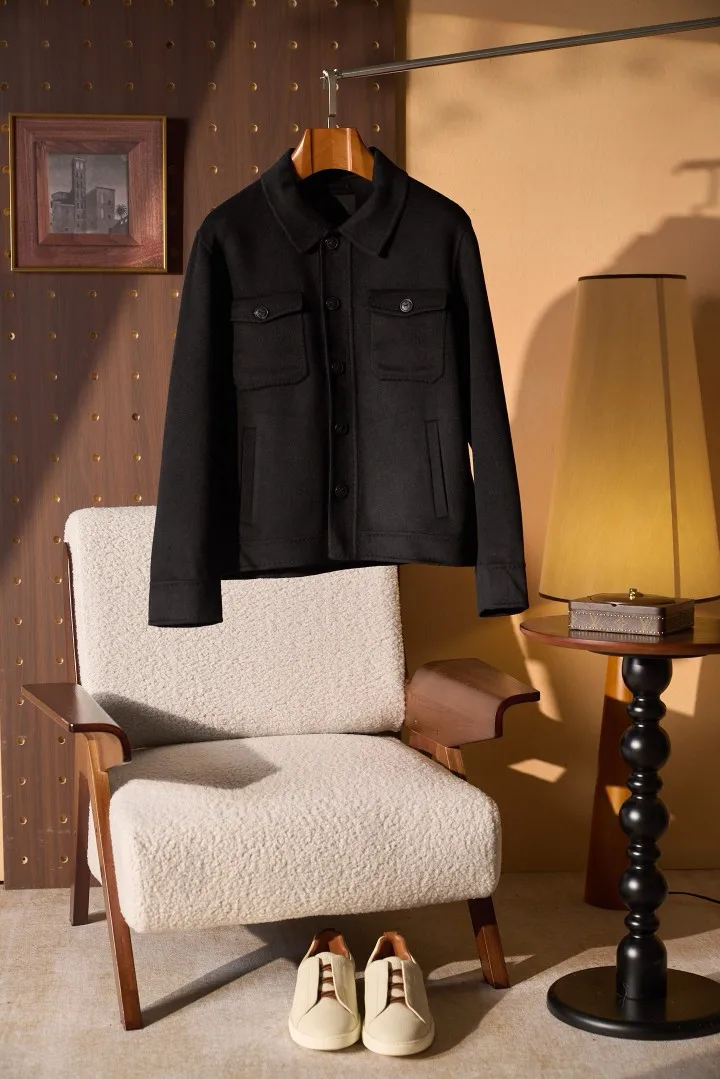 Men's Old Money Style Wool Cashmere Blend Workwear Shirt Jacket Long Sleeve Turn-Down Collar Luxury Coat