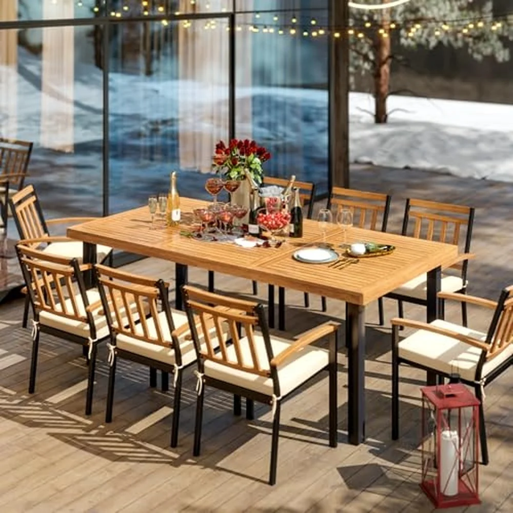 Patio Outdoor Dining Table for 8 79’’ x 39.5’’ Acacia Wood Rectangular Table w/Slatted Top Umbrella Hole & Metal Legs