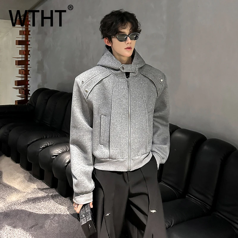 

WTHT Vintage Men's Spliced Deconstruct Shoulder Pads Coats Fashion Hooded Solid Color Casual Jackets Male 2025 Autumn 2A2150