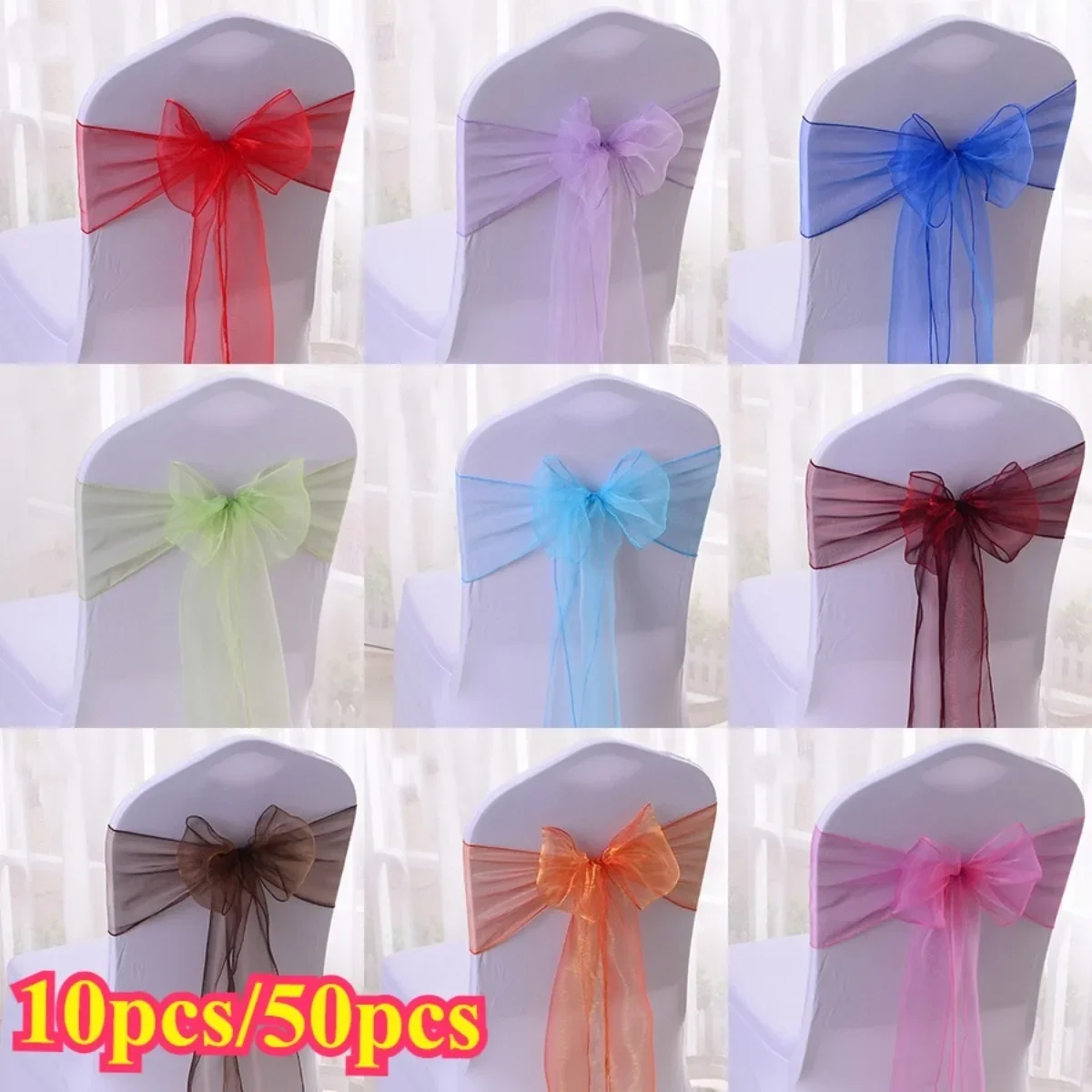 New Solid Color Organza Chair Sashes Wedding Chair Ribbons Bow Decoration Banquet Wedding Party Event Hotel Decoration Supplies