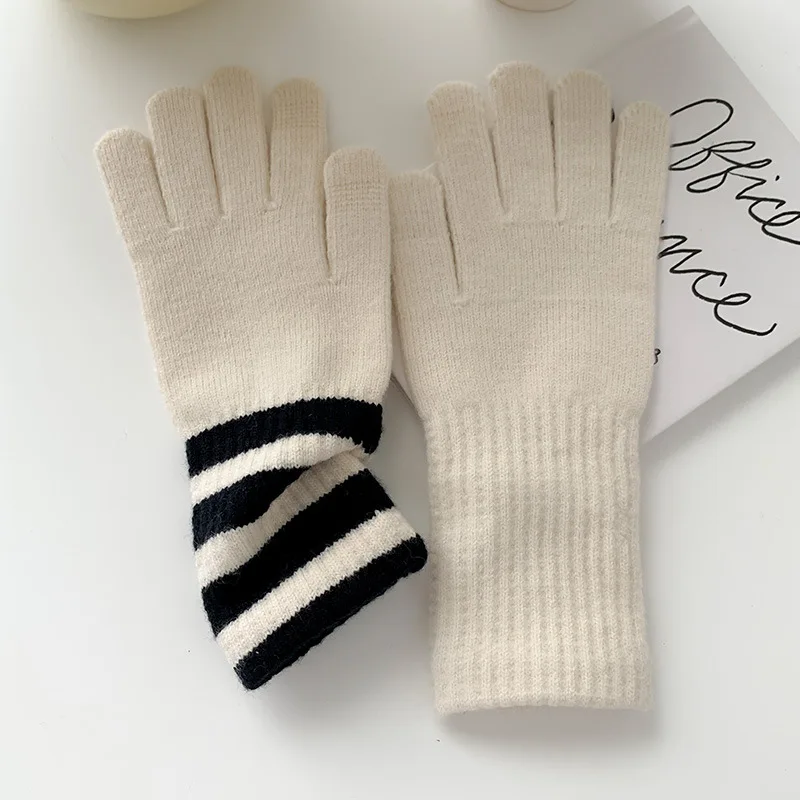 Guantes cálidos con pantalla táctil de Raya Horizontal para mujer, guantes de hilo de punto, guantes resistentes al frío para ciclismo, guantes cálidos de invierno a la moda