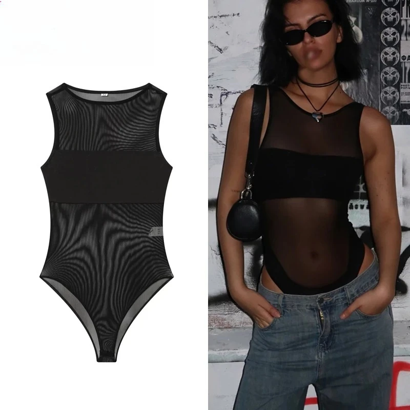 ZHIO Sexy Tulle Body Suits Women Sleeveless Tops Mesh Bodysuit Women Summer Jumpsuits for Women Transparent Lingerie Bodysuits