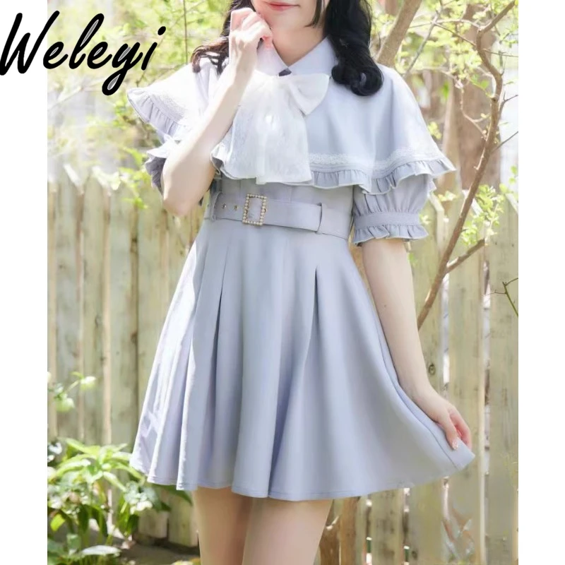 

Japanese Kawaii Lolita Summer Dress Women 2024 Cutecore Bow Cape Belt Fake Two Pieces Mine Series Production Short Sleeved Frock