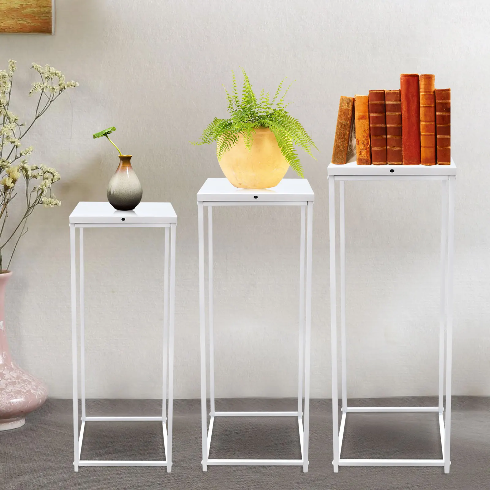 White Set of 3 Metal Stand Plant Flower Stand High Square Rack Flower Holder Wedding Living Room & Patio Decor