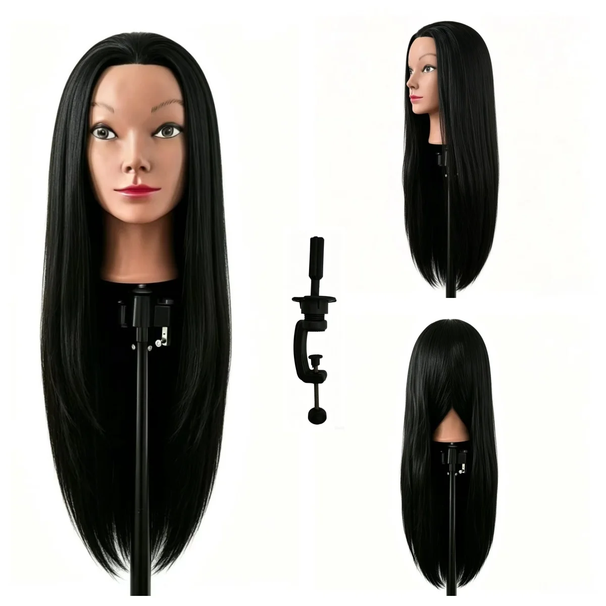 

26" Long Black Hair Synthetic Training Head | Free Stand, for Curling, Braiding, Updos & Trimming