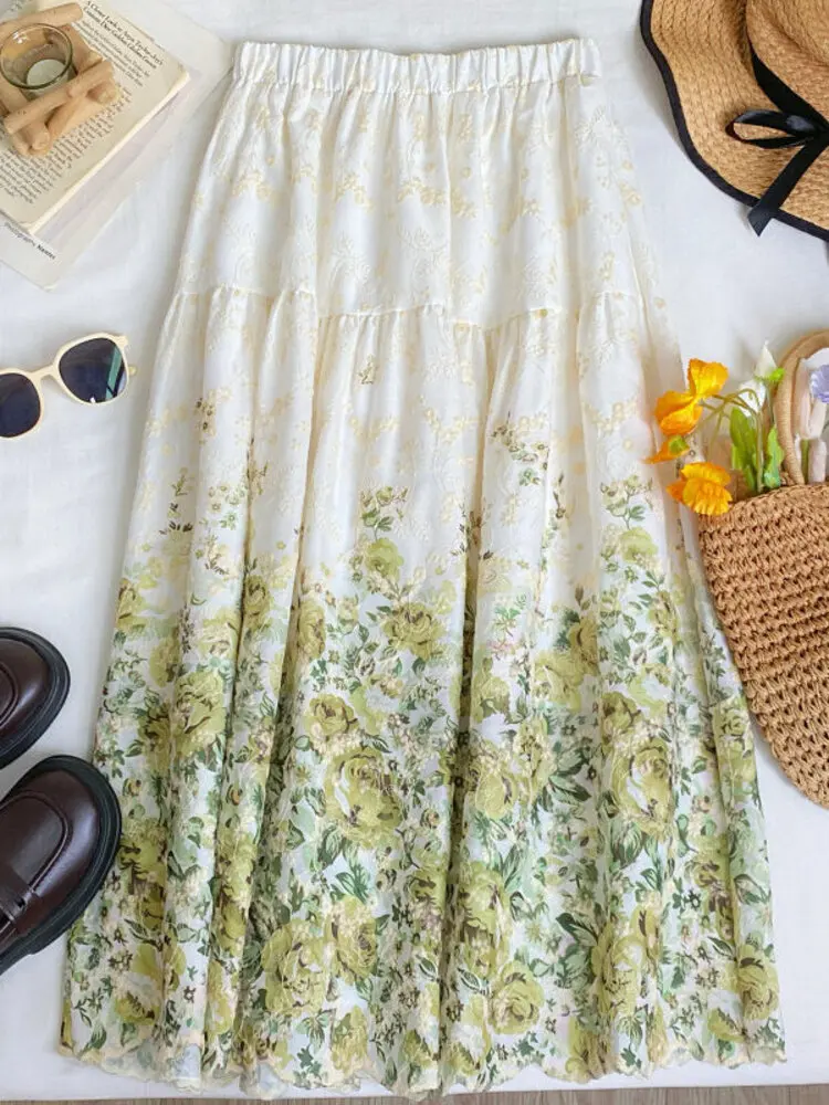 

Новая женская юбка А-силуэта с цветочной вышивкой, завышенной талией, свободного кроя, с широким подолом, весна-лето 2026