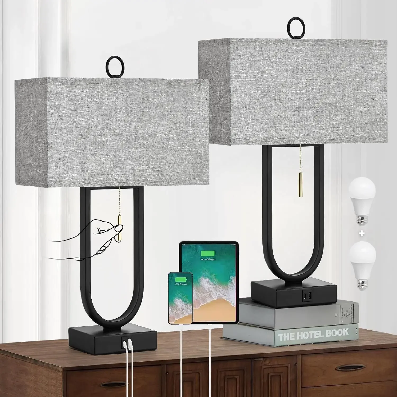 

Luvkczc Nightstand Lamps Set of 2 with USB C+A Ports, 24'' Tall Table Lamp with Two 3000K Bulbs, Linen Lampshade