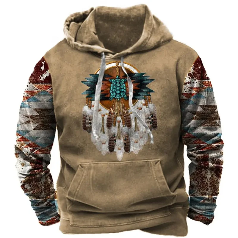 Vintage Indian Print Men\'s Hoodie 2024 Casual Men Clothing Long-sleeve Hooded Sweatshirts Oversized Unisex Pullovers Hoodies