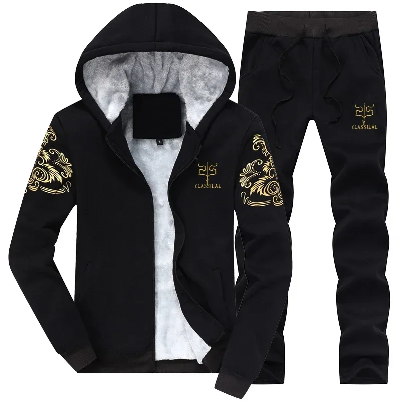 Winter Sportswear Suit Men\'s Classic Fashion Thick Fleece-lined Hoodie + Pants Suit Male Jogger Velvet Warm Jacket 2 Piece Set