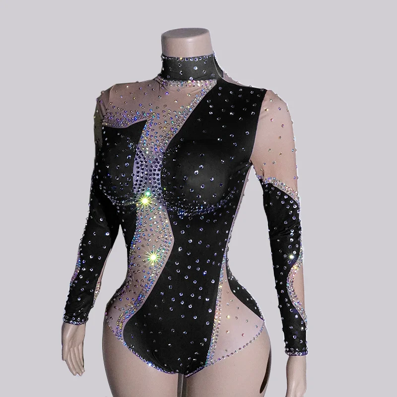 Ropa de escenario, traje de manga larga con diamantes de imitación blancos, disfraz de Drag Queen, artista femenino, club nocturno, GOGO, trajes de equipo de bailarines
