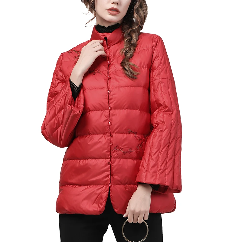 Vintage Bestickt Chinesischen Rot Frauen Unten Jacke Lose Plus Größe Warme Verdicken Weiße Ente Unten Puffer Mantel Weibliche Winter Parkas