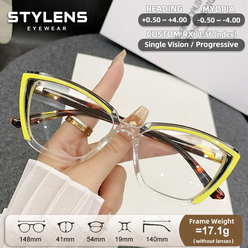 STYLENS Trendige Bunte Cat-Eye-Lesebrille für Damen, Maßgefertigte Progressive Korrekturbrille, Blaulichtfilter-Brille gegen Kurzsichtigkeit