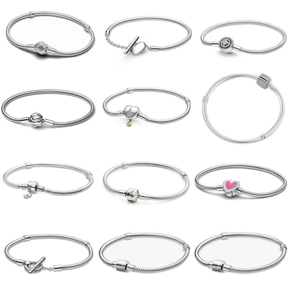 European New Fashion Style Pink Heart Round With White Stone Pave Heart Bracelet Bangles For Fine 925 Sterling Silver Plated