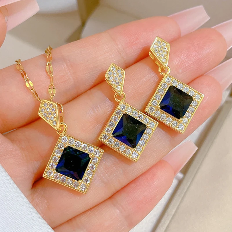 316L Stainless Steel Chain Blue Zircon Micro Set Crystal Geometric Pendant Earring Necklace  Roupas Femininas Conjuntos