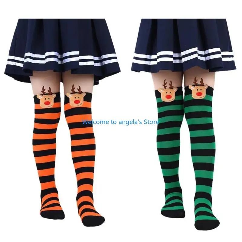 X4YC Christmas Thigh High Stockings Over the Knee Socks Halloween Cosplay Costumes Women Reindeer Striped Thigh High Socks