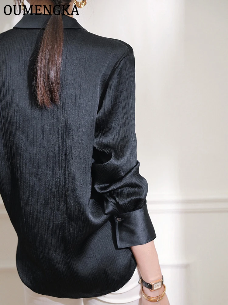 Camisas transparentes holgadas informales para mujer, blusa de gasa arrugada de manga larga con solapa de verano, ropa de calle, camisas negras para mujer